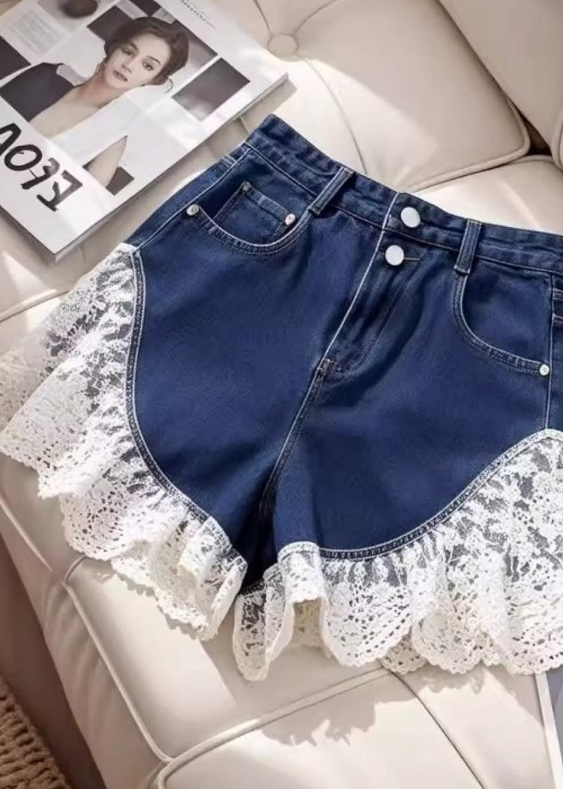 Black Silm Fit Lace Patchwork Denim Shorts Summer