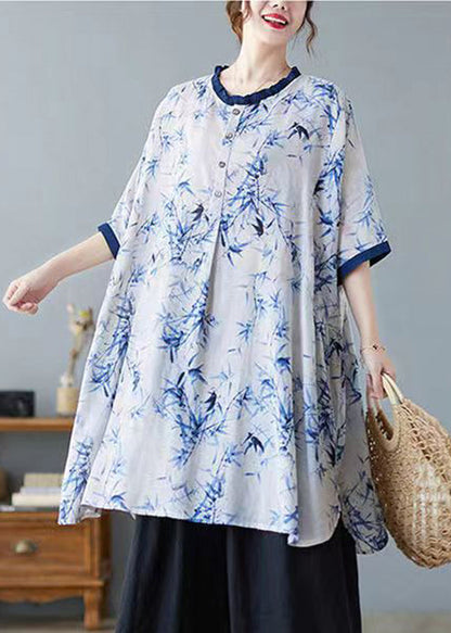Grey Print Ruffled Patchwork Tops Short Sleeve