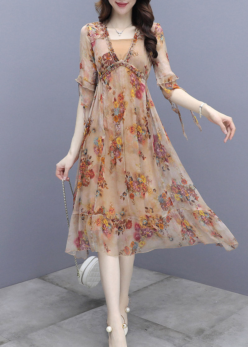 V Neck Print Patchwork Rivet Chiffon Long Dresses Half Sleeve