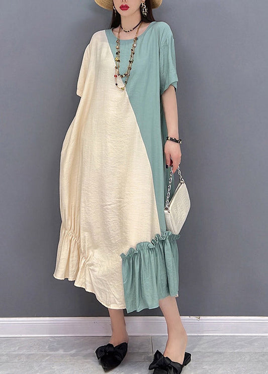 Loose Yellow Green O-neck Patchwork Ruffled Long Dress Short Sleeve