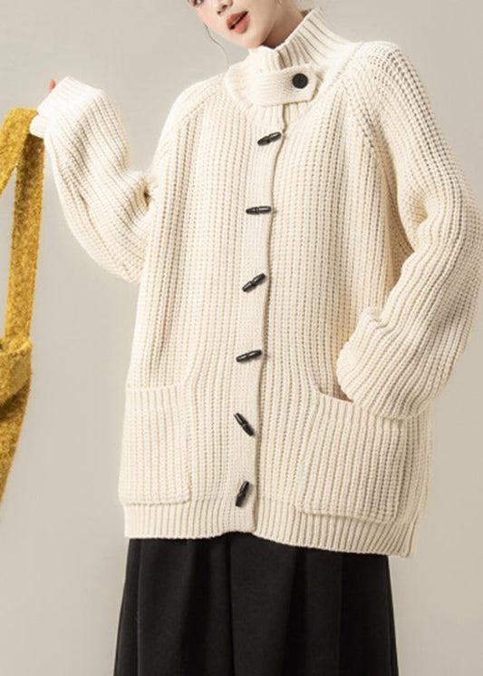 Beige Pockets Cotton Knit Cardigan Long Sleeve