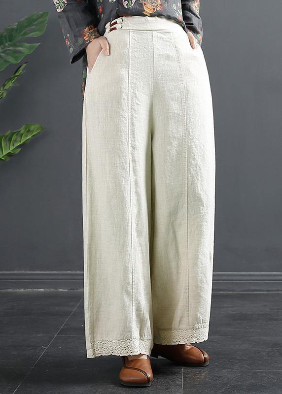 Retro Semi Elastic Waist Wide Leg Pants New Spring Hemp Color Pants