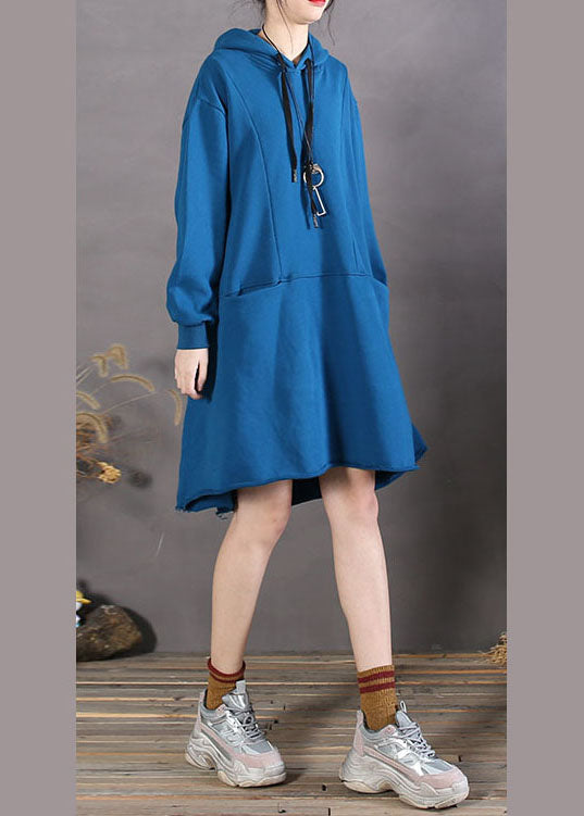 Blue Drawstring Cotton Loose Sweatshirts Dress Spring