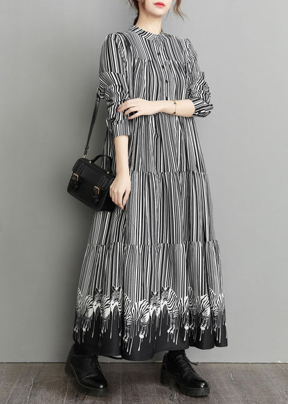 Black Peter Pan Collar Striped Patchwork Dress Spring