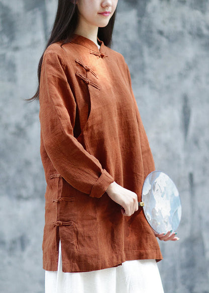 Brown Button Linen Blouses Spring