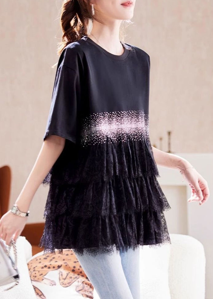 Black Zircon Lace Patchwork Cotton T Shirt Summer