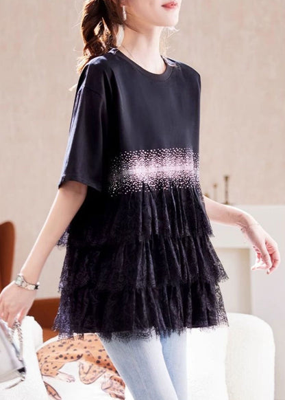 Black Zircon Lace Patchwork Cotton T Shirt Summer