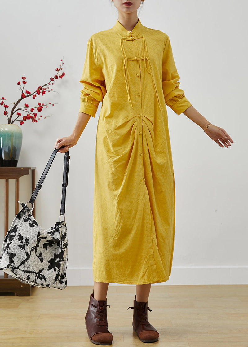 Yellow Tasseled Wrinkled Cotton Shirt Dress Fall