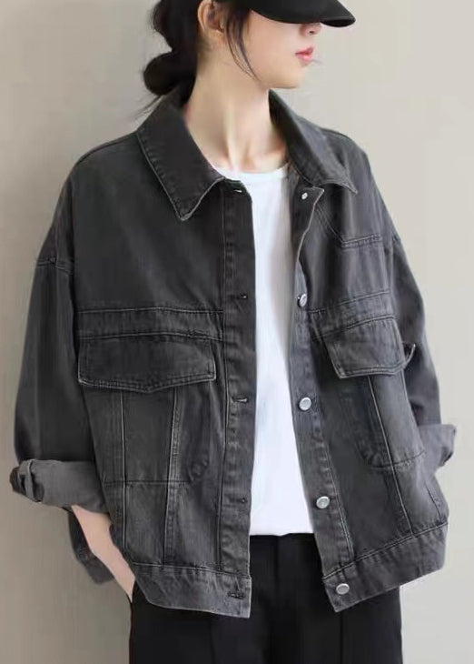 Black Button Pockets Denim Coat Long Sleeve