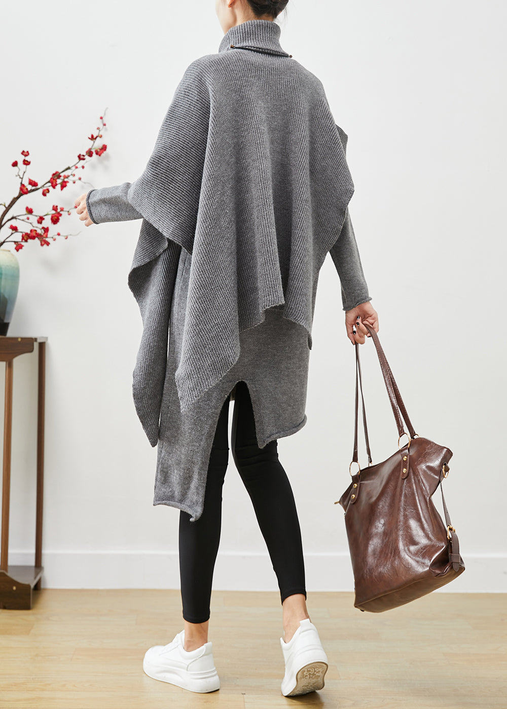 Grey High Neck Asymmetrical Cotton Two Pieces Set Fall
