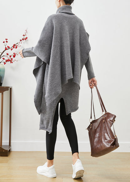 Grey High Neck Asymmetrical Cotton Two Pieces Set Fall