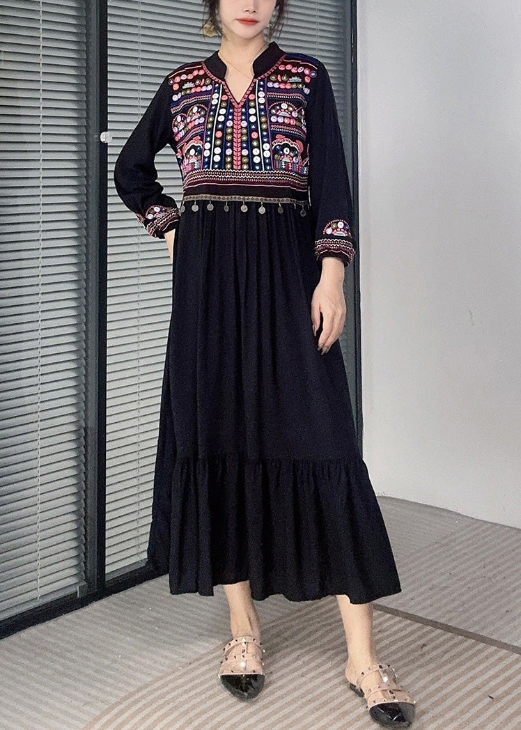 Black Tasseled Cotton Long Dress Embroidered Long Sleeve
