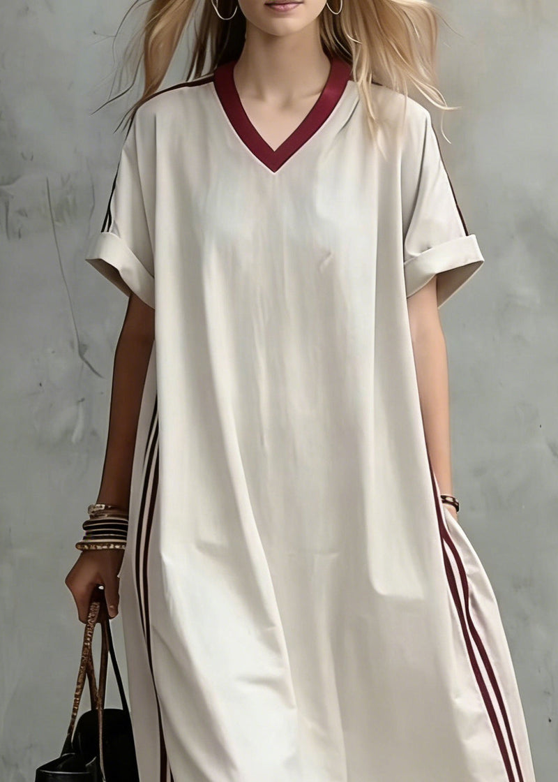 Loose Apricot Striped Pockets Drawstring Cotton Long Dress Summer