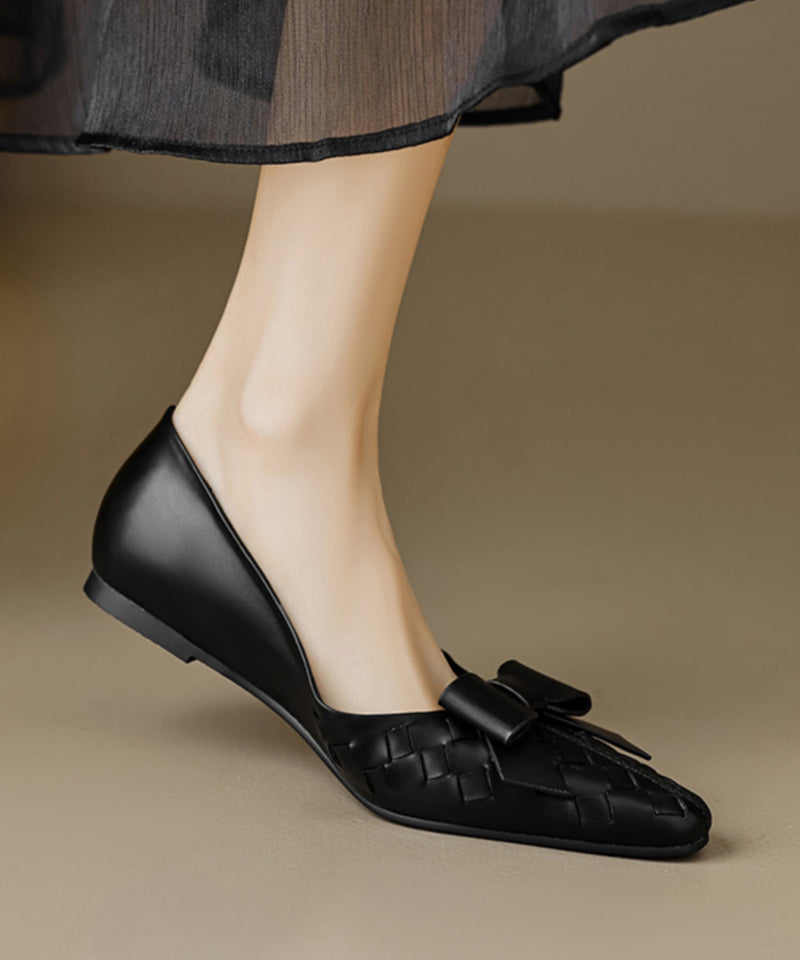 Bow Splicing Soft Comfy Flats Black Sheepskin