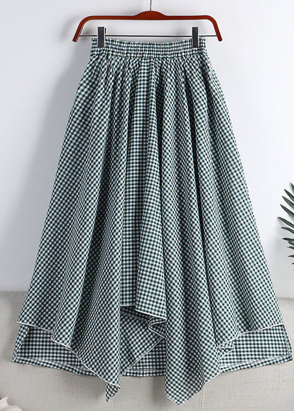Green White Plaid Asymmetrical High Waist Cotton a Line Skirt Fall