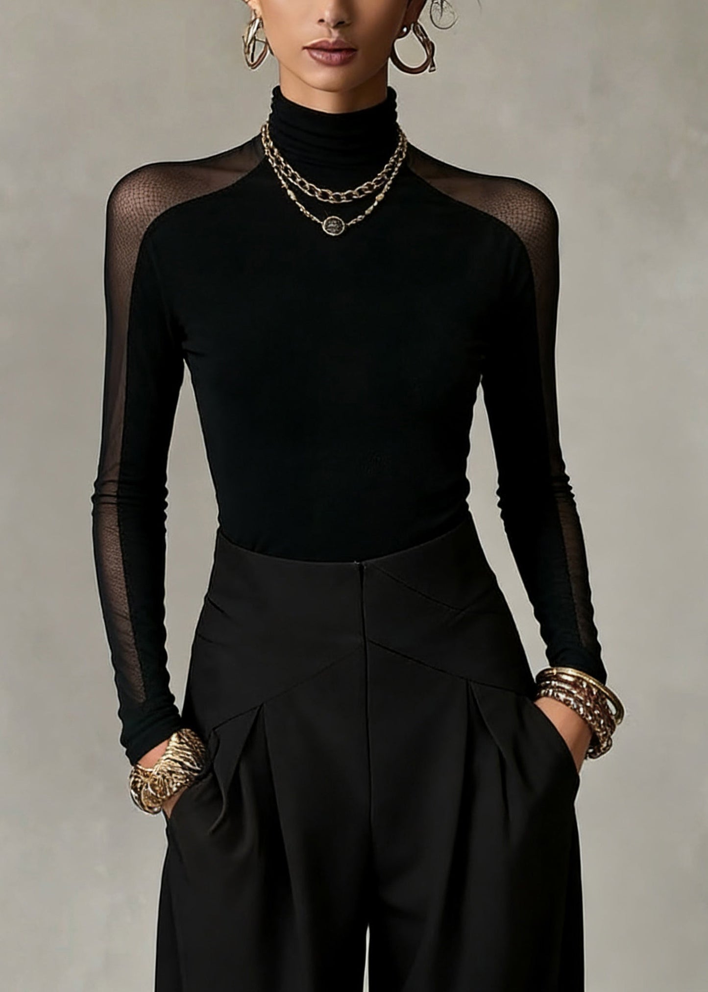 Black Turtleneck Patchwork Tulle Top Spring