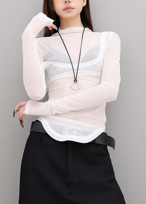 White Hign Neck Patchwork Tulle Two Pieces Set Fall