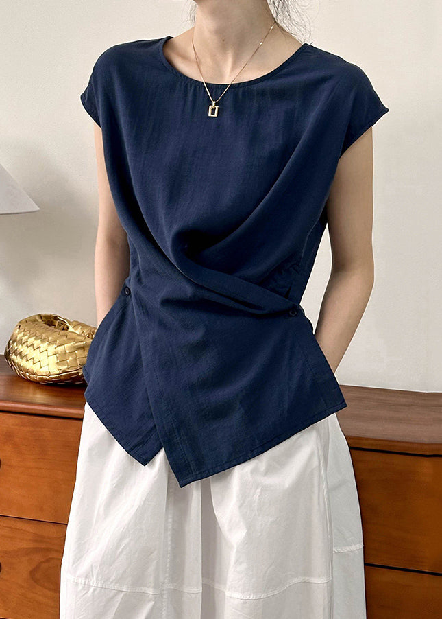 Navy O-neck Asymmetrical Top Mmer