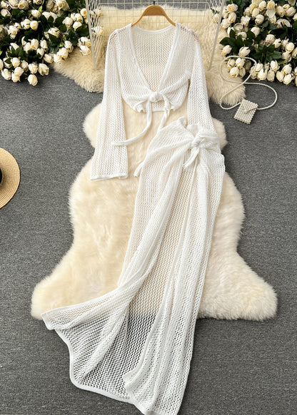 French Blue Hollow Out Tops and Side Open Skirts Knit Two Pieces Set Fall