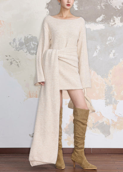 Beige Cozy Tie Waist Knit Sweater Dress Fall