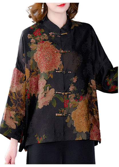 Original Black Mandarin Collar Button Print Silk Coats Long Sleeve