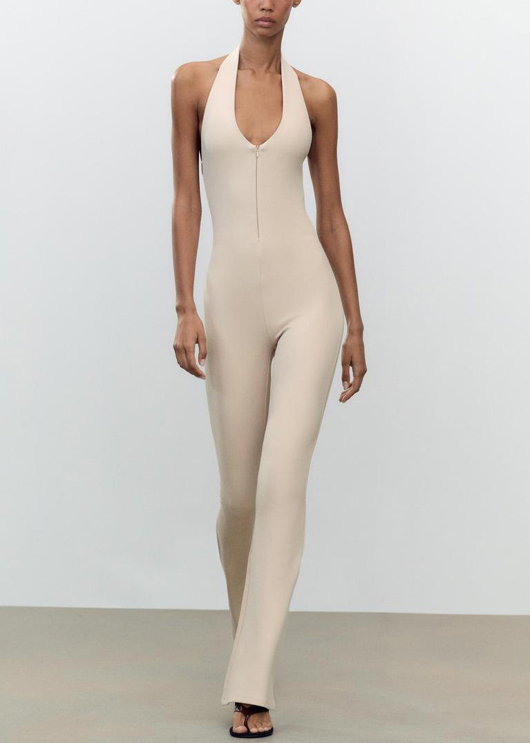 Slim Fit Beige Backless Zippered Cotton Jumpsuit Sleeveless