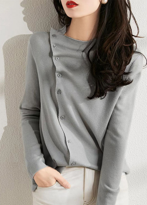 Beige Asymmetrical Wrinkled Button Wool Knit Pullover Spring