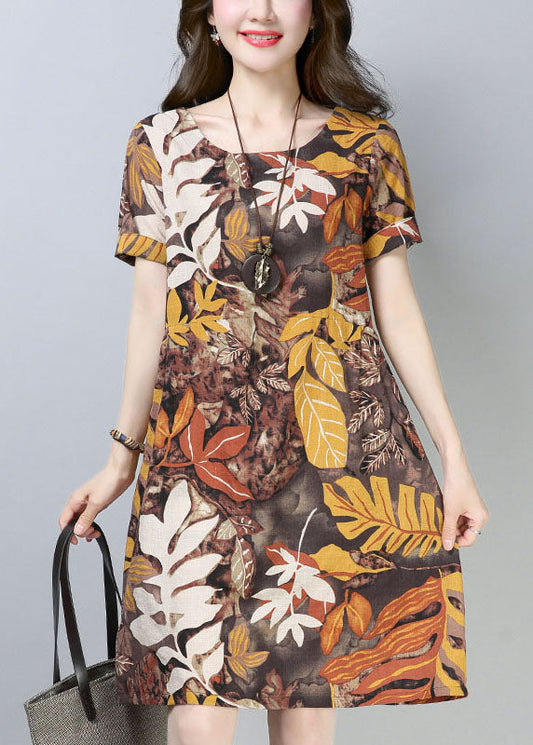 Italian Chocolate O-neck Leaf Print Cotton Party Dress Short Sleeve