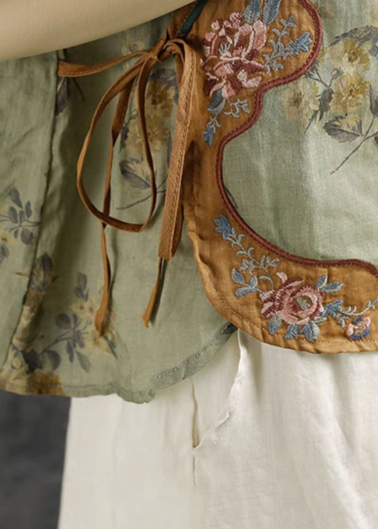Green Embroideried Print Lace Up Linen Shirts Summer