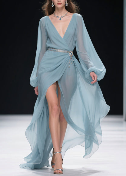 Blue V Neck Wrinkled Side Open Long Dresses Lantern Sleeve Spring
