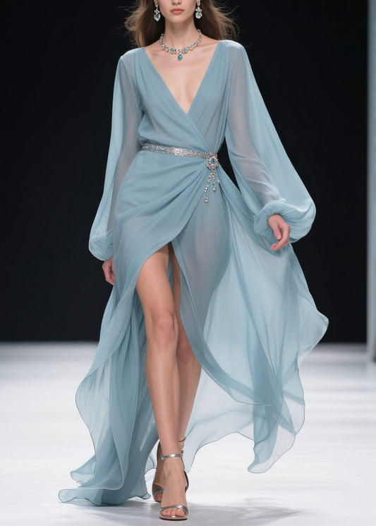 Blue V Neck Wrinkled Side Open Long Dresses Lantern Sleeve Spring