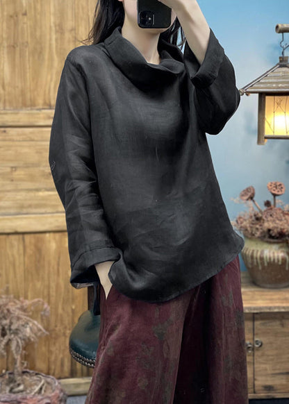 Loose Coffee Turtle Neck Linen Top Long Sleeve