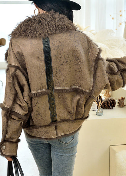 New Coffee Fur Collar Zip Up Patchwork Leather and Fur Coat Winter