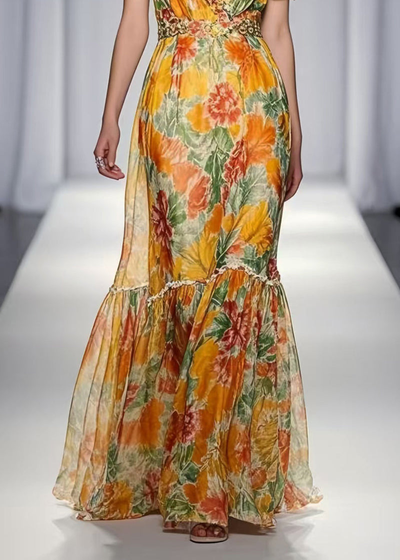 Yellow Ruffled Print Chiffon Dresses Summer