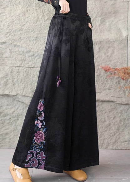Retro Black Embroidered Patchwork Silk Wide Leg Pants Spring