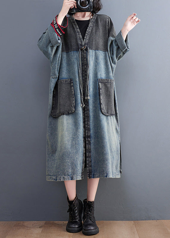 Denim Blue V Neck Patchwork Trench Coat Spring