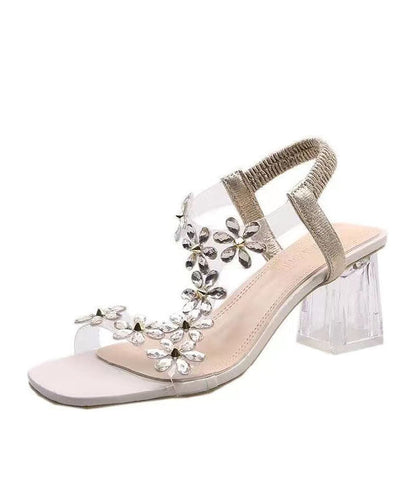 Beige Crystal Splicing Chunky Heel Sandals Peep Toe