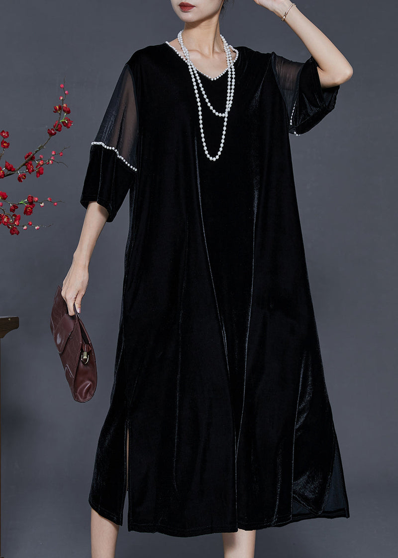 Black Oversized Patchwork Nail Bead Silk Velour Dress Spring