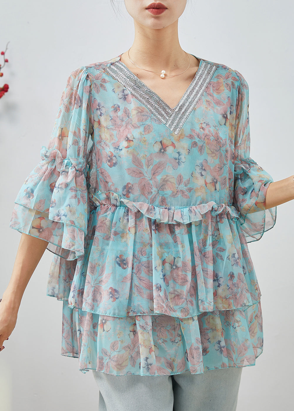 Diy Blue Ruffled Print Chiffon Blouses Bracelet Sleeve