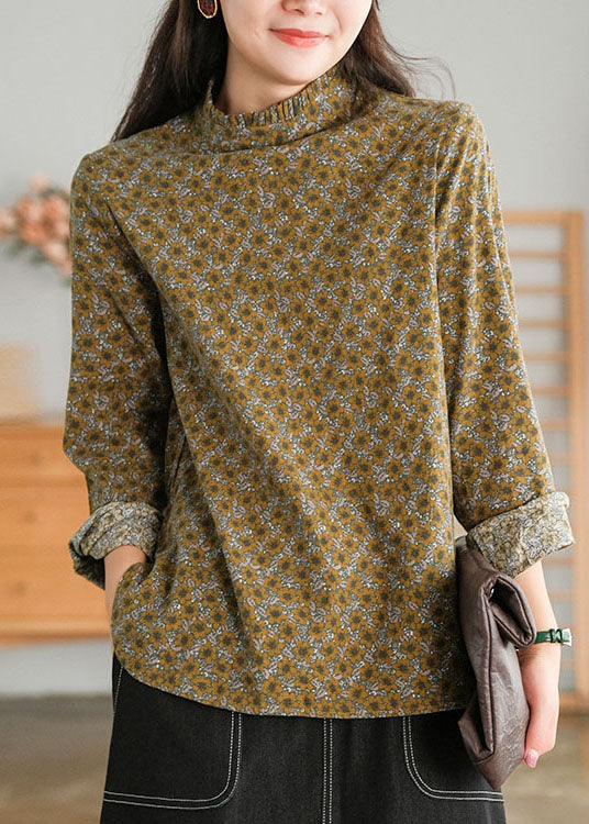 Italian Chocolate Stand Collar Button Ruffled Cotton Blouses Top Long Sleeve