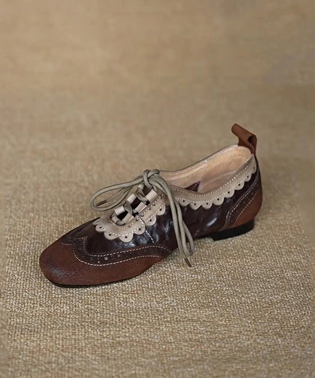 Coffee Cowhide Leather Splicing Suede Flat Shoes Lace Up