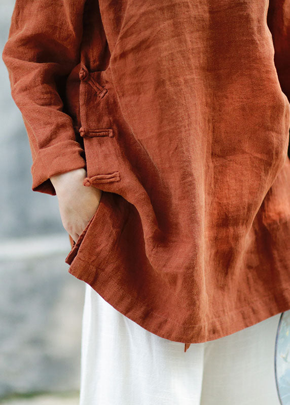 Brown Button Linen Blouses Spring
