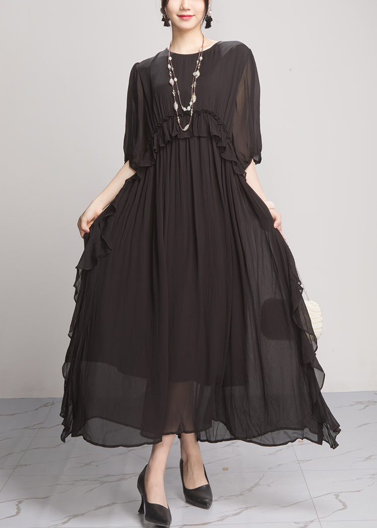 Black Wrinkled Chiffon Long Dresses O Neck Summer