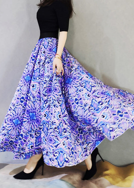 Purple Wrinkled Print Exra Large Hem Loose Cotton Skirts Spring