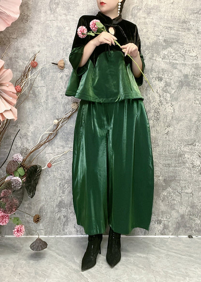 Green Stand Collar Tasseled Patchwork Velour Two Piece Set Spring