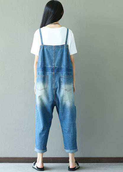 Classy Blue Print Hole Cowboy Jumpsuits Spring