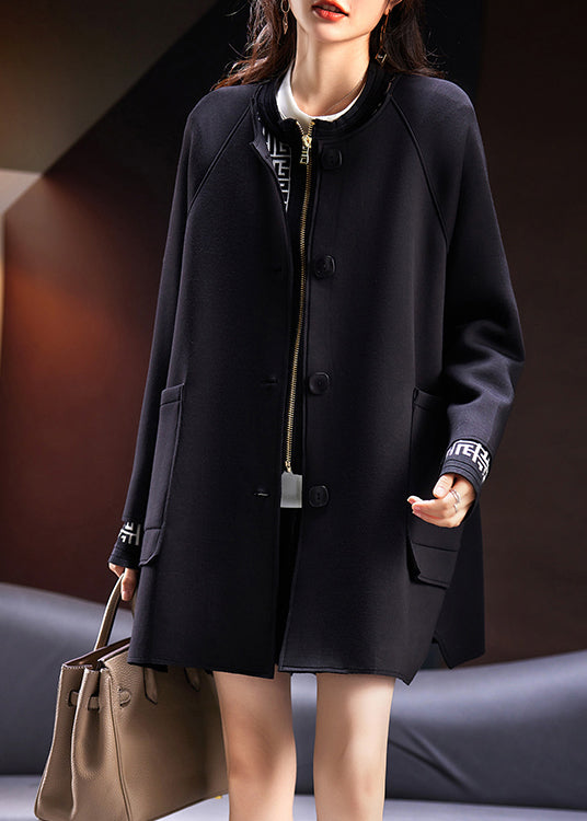 Black Button Pockets Cotton Coats Long Sleeve