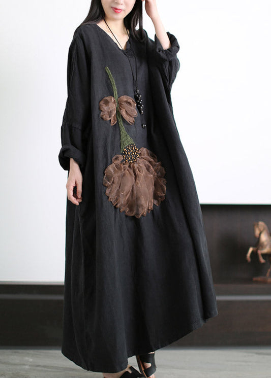 Black V Neck Embroideried Linen Dress Long Sleeve