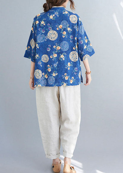 Blue Stand Collar Button Print Asymmetrical Design Fall Blouses Half Sleeve