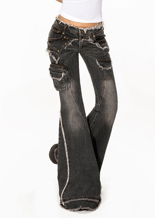 Retro Dark Grey High Waist Pockets Patchwork Jeans Summer